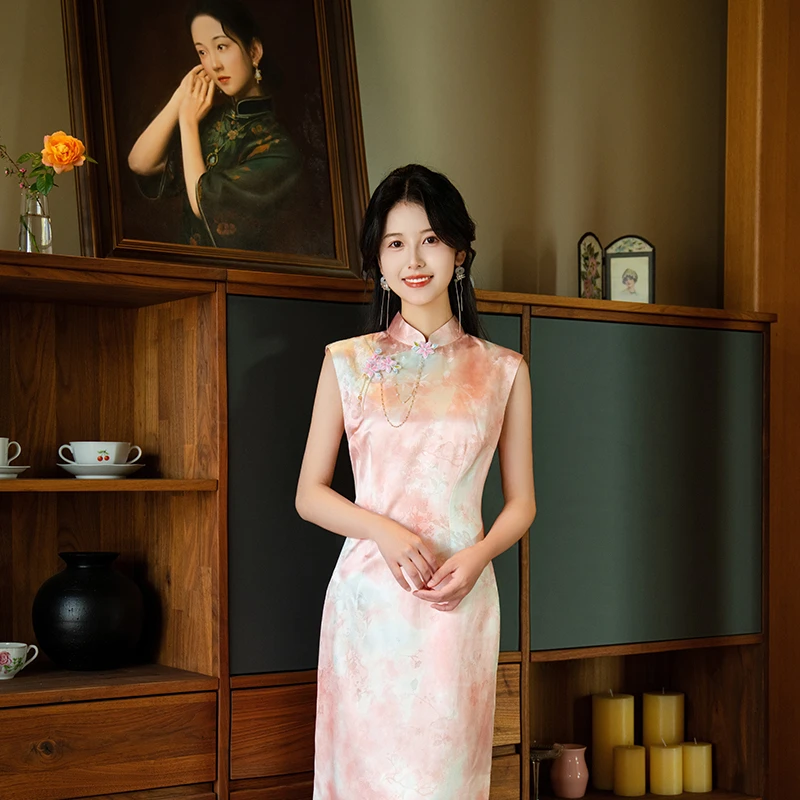 时光裁剪|黛玉绝美新中式真丝旗袍女订婚粉色夏季无袖修身连衣裙