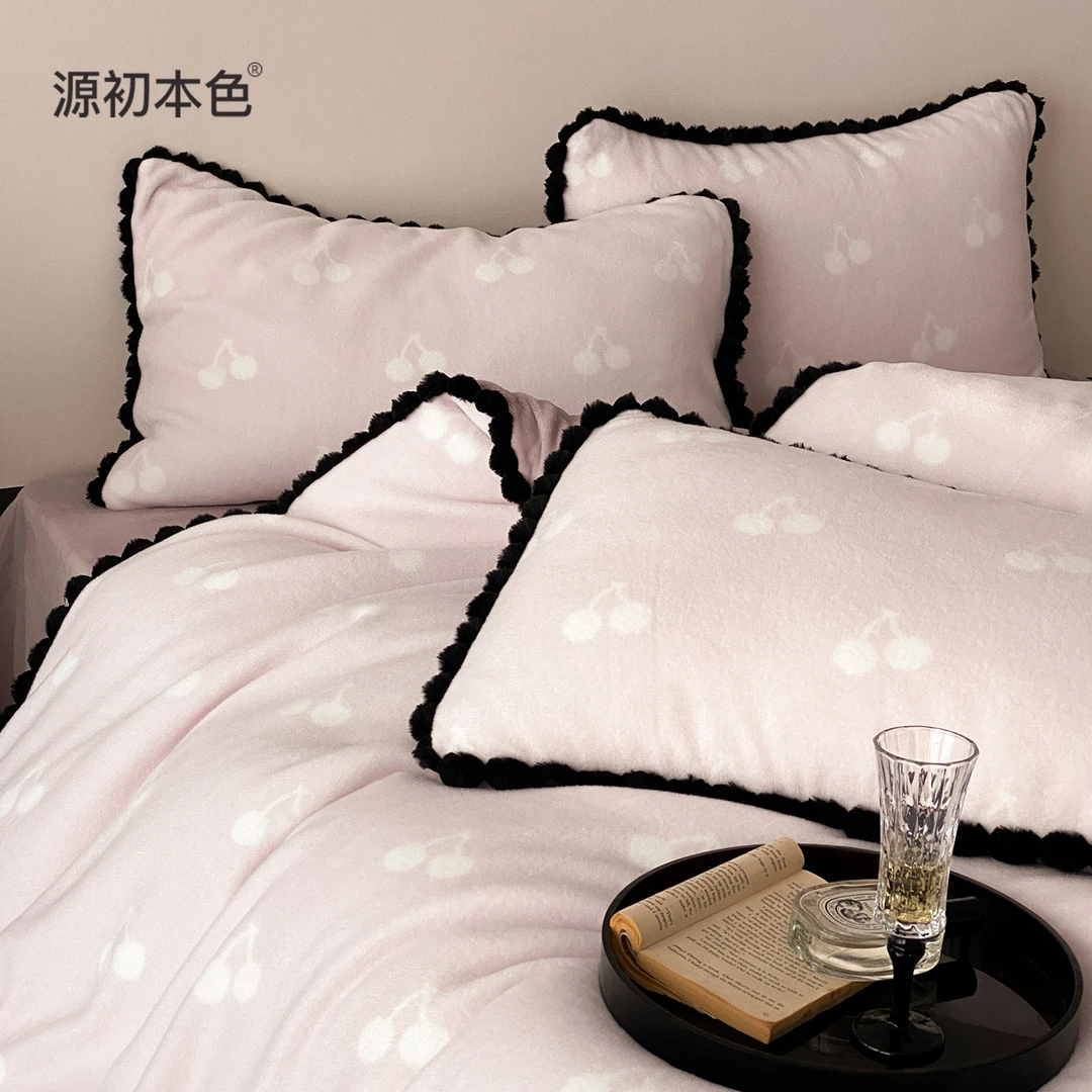 源初本色法式少女心保暖牛奶绒四件套冬季加厚獭獭绒花边被套床单