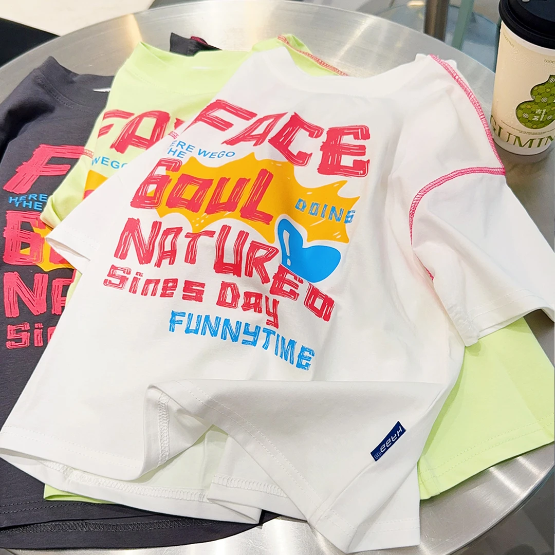 印花潮流字母卡通百搭短袖T恤2025新款中大童半袖夏季夏装宽松