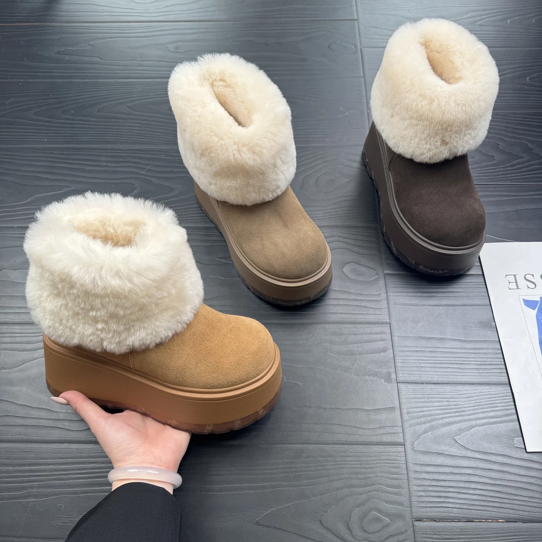 增高8-10cm冬季新款羊皮毛一体百搭厚底中筒增高翻毛雪地靴