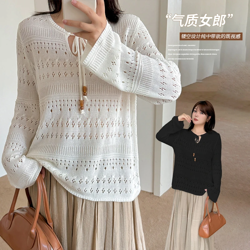 大码女装镂空罩衫2025秋季新款系带宽松叠穿长袖毛衫