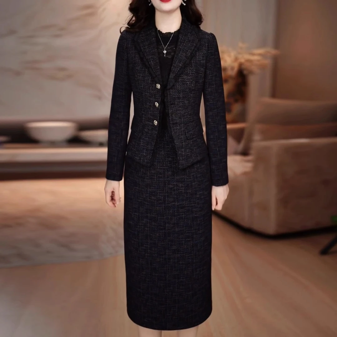 左曼小香风时尚套裙女2025新款秋显瘦轻奢妈妈装外套连衣裙两件套