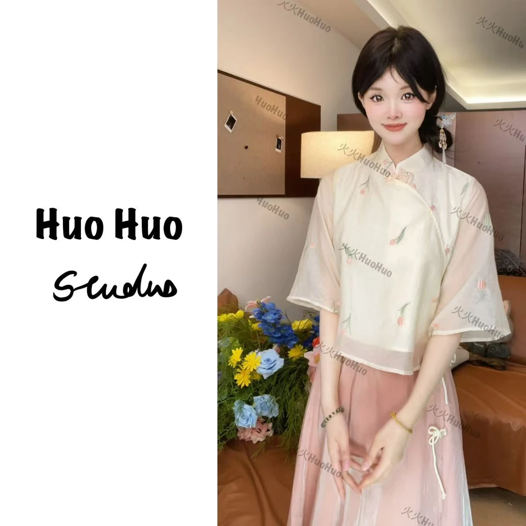 新中式国风茶服套装夏季女装小个子改良旗袍上衣汉服裙两件套819