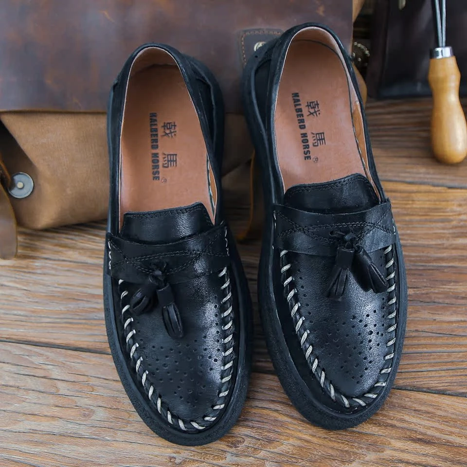 透气英伦乐福鞋2025透气单鞋洞洞舒适平底百搭真皮豆豆鞋男休闲