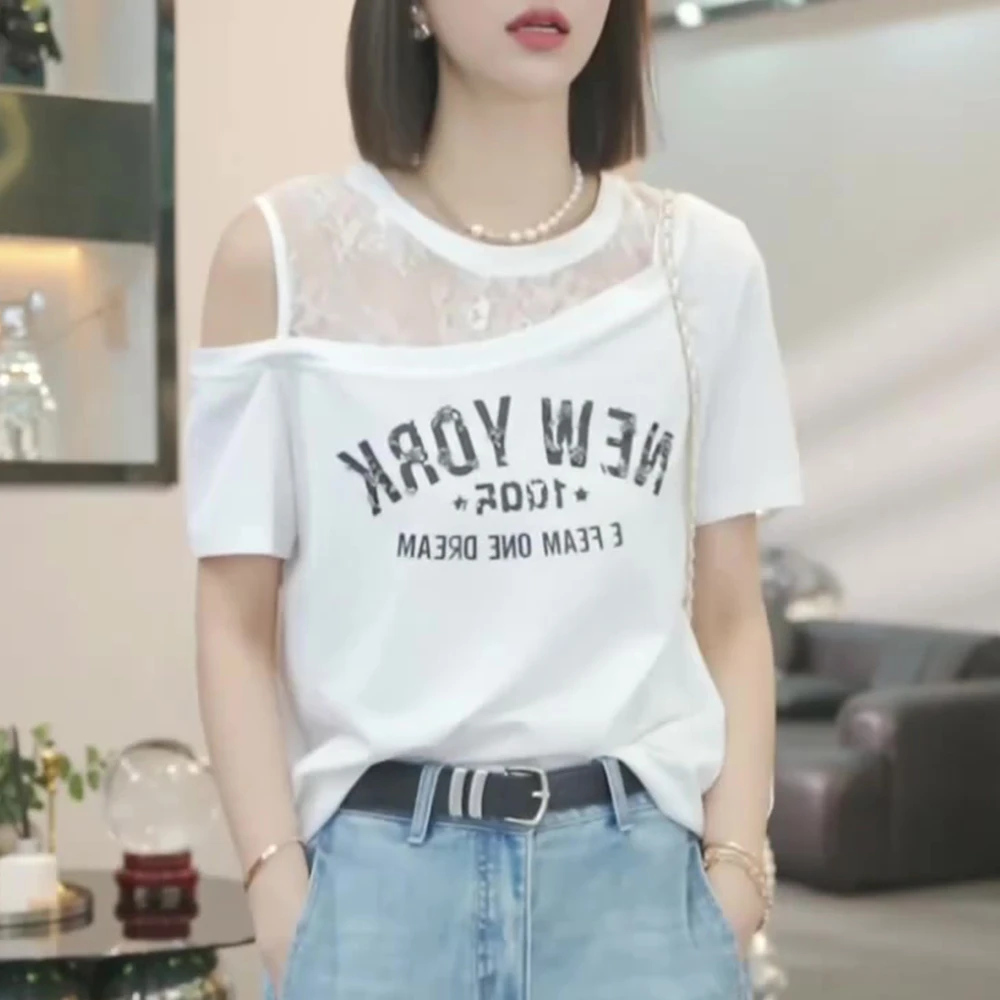 欧货设计感蕾丝拼接露肩短袖T恤女夏季2025新款洋气减龄白色上衣