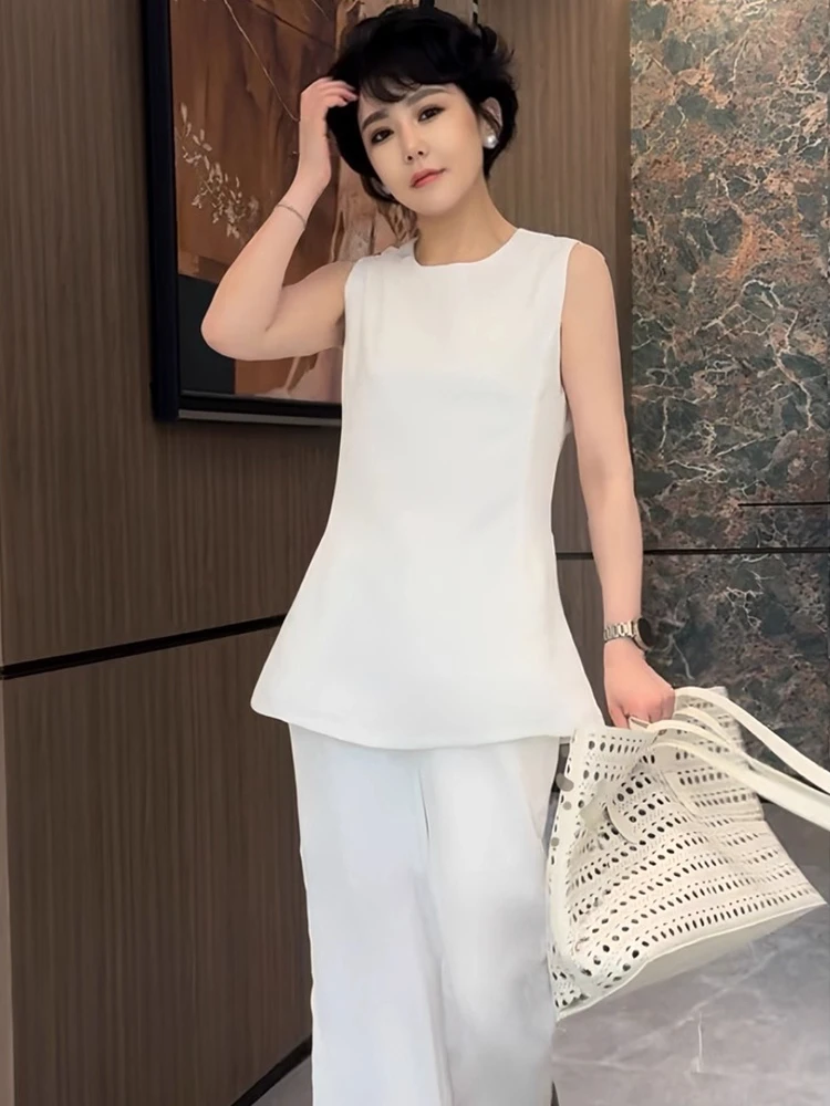 天丝亚麻两件套通勤休闲风时尚套装上衣白色显瘦背心极简风九分裤