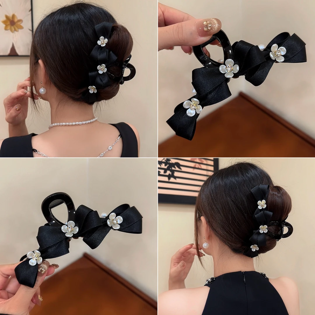 气质秋冬黑色蝴蝶结花朵抓夹复古优雅丸子头后脑勺盘发鲨鱼夹发饰
