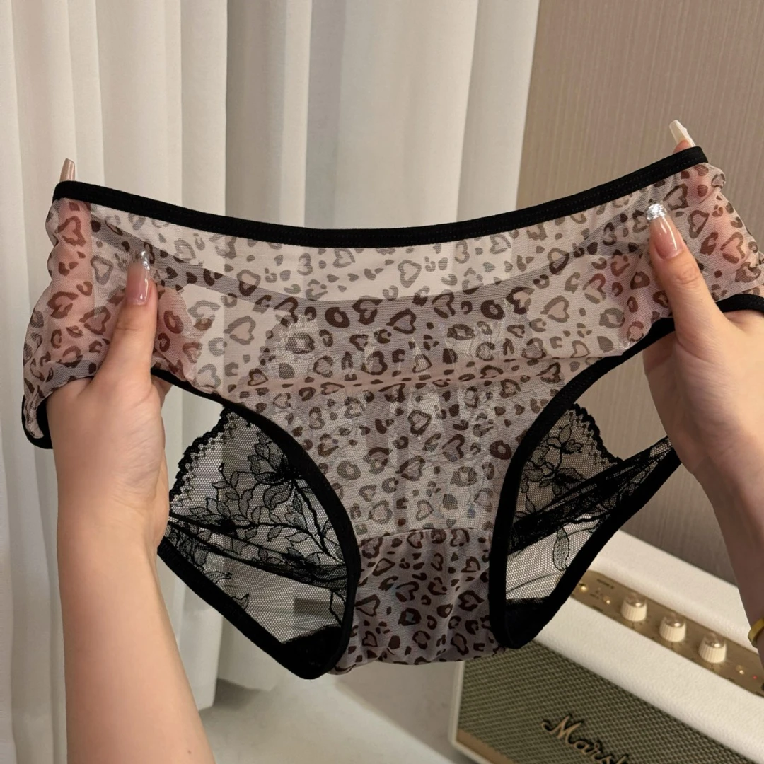 【猎豹腰姬】新款欧美风辣妹豹纹性感蕾丝镂空中腰纯欲女士三角裤