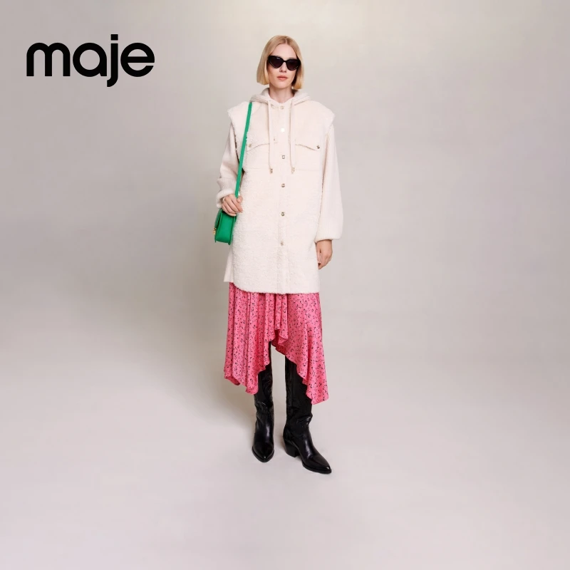 出游穿搭|Maje女装时尚中长款白色连帽毛呢外套大衣MFPOU01109