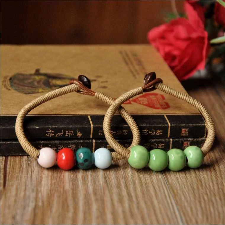 钛钢仿珍珠手链 编织手链景德镇陶瓷首饰珠子手链民族风古风