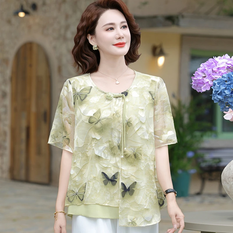 2025新款妈妈夏装中国风上衣洋气恤小衫中年女宽松短袖雪纺上衣