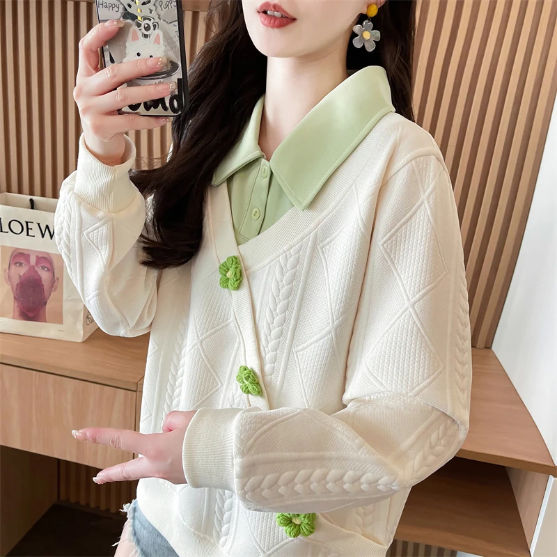 立体花朵卫衣女2025新款春秋季韩版宽松薄款假两件polo领上衣外套