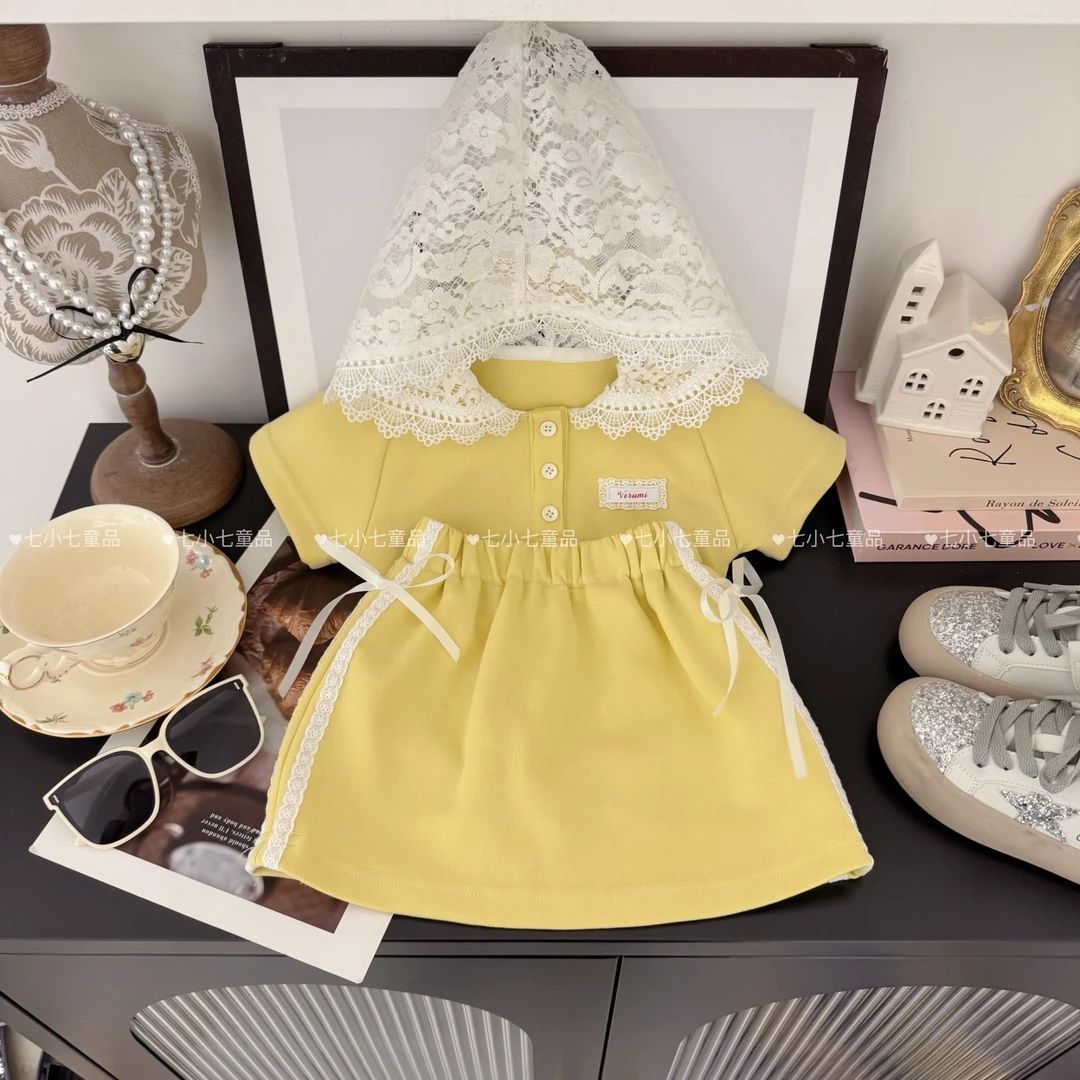 女童2025春夏新款洋气蕾丝帽奶酪黄短袖➕半身裙套装C23063
