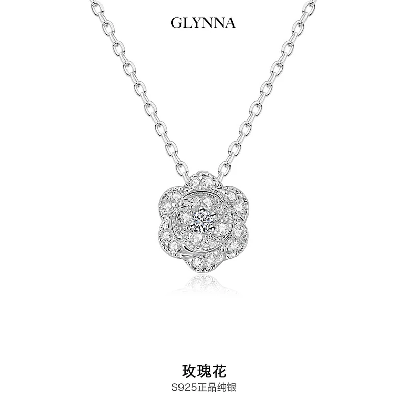 坠链均925银合成锆石 原创设计玫瑰花纯银项链女轻奢小众高级感送