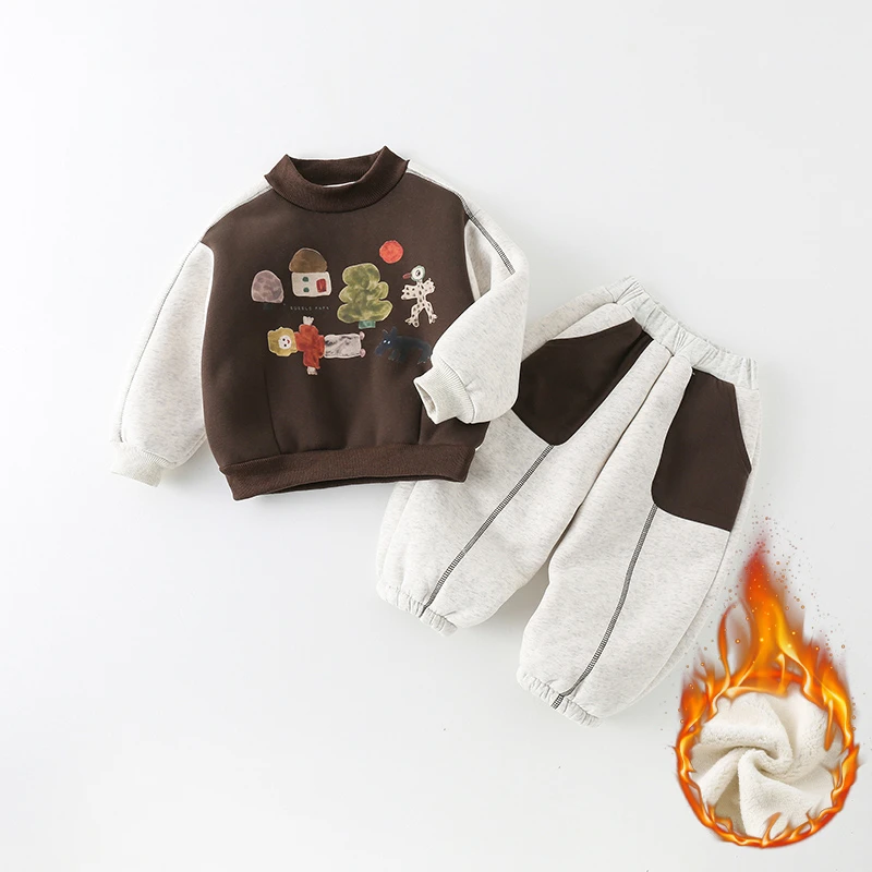 儿童套装冬季2024男童时髦洋气时尚拼色卡通两件套
