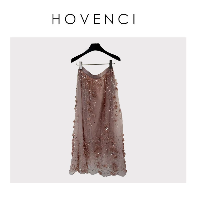 HOVENCI郝梵晞网纱刺绣 立体花朵装饰重工钉亮片A字大摆半裙