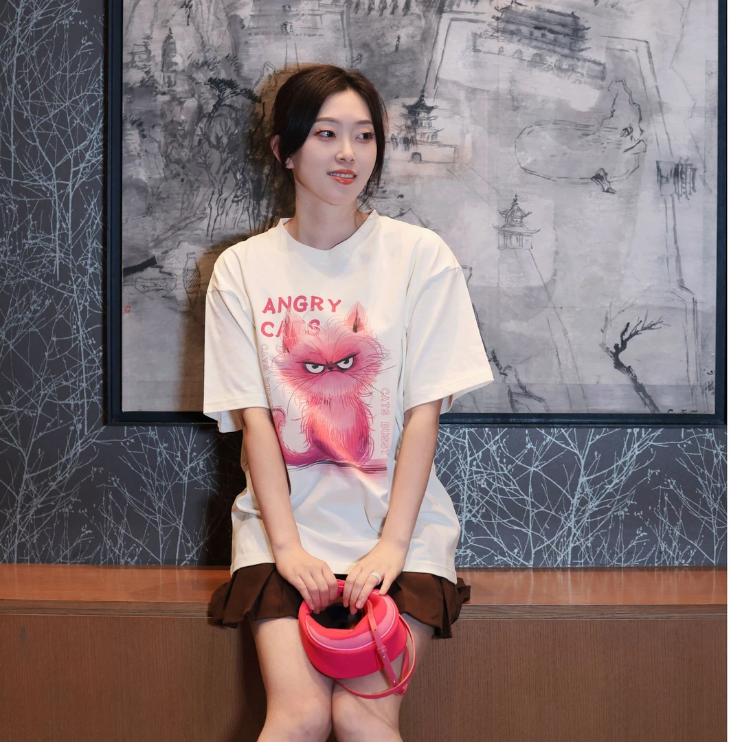 XIZHAO原创设计潮流猫猫圆280g领米白色短袖