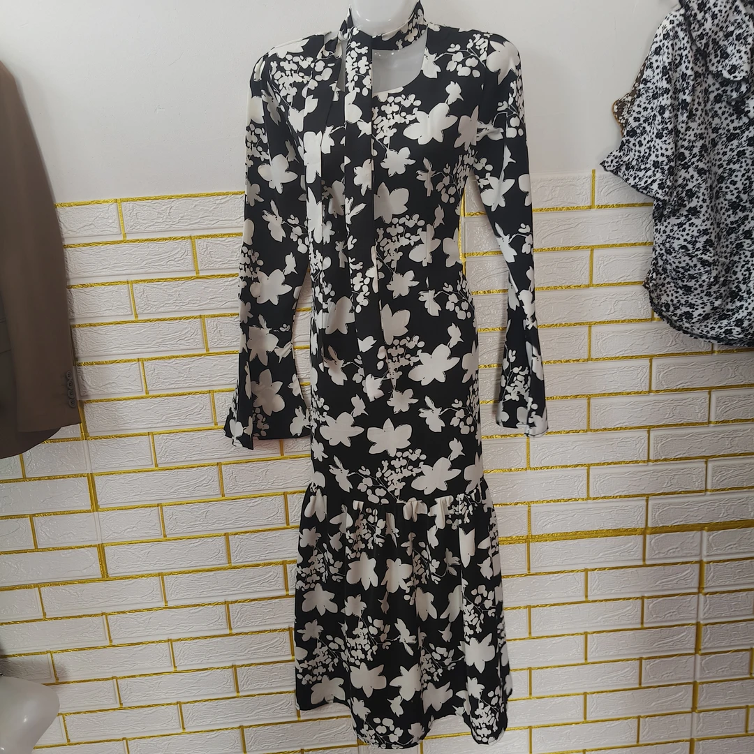 碎花长袖女士印花拉链旗袍通勤显瘦套头连衣裙豹纹收腰时尚