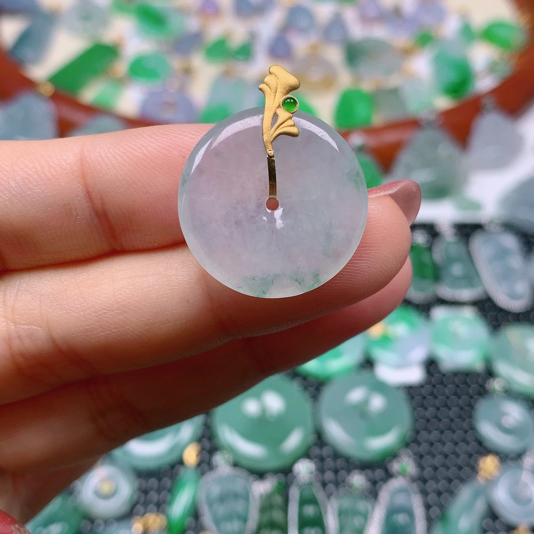 缅甸天然A货翡翠，冰飘花平安扣 编号34/210尺寸22-3.5