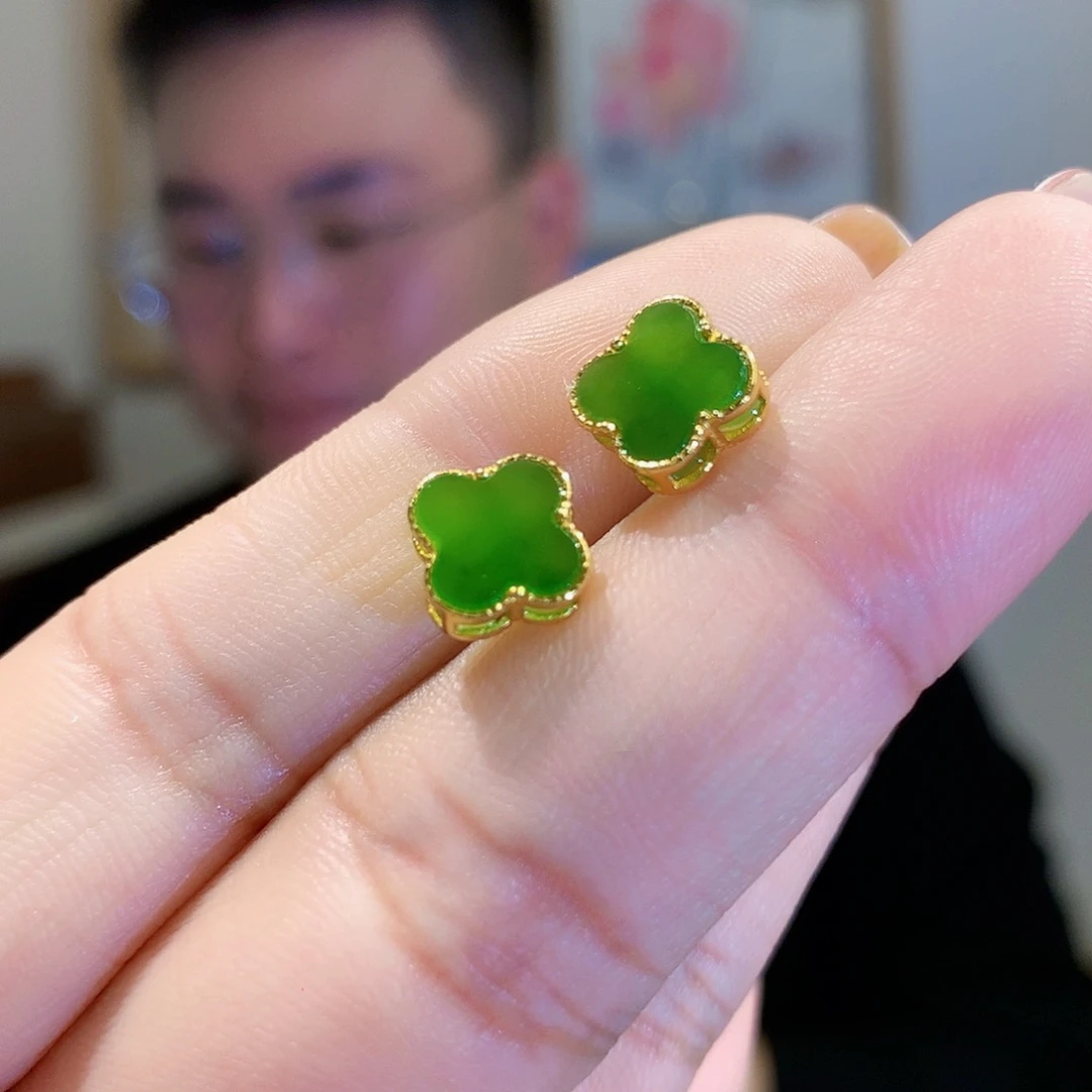 和田玉（碧玉）耳饰银S925镀金镶嵌