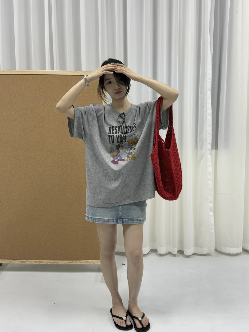 韩系女装夏季新款25年柔软卡通印花女生大版半袖圆领短袖时尚