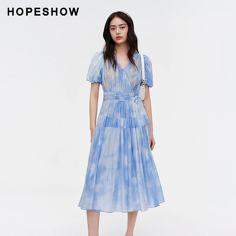 【唐长老专属】红袖泡泡袖系带收腰V领套头印花裙89124181636