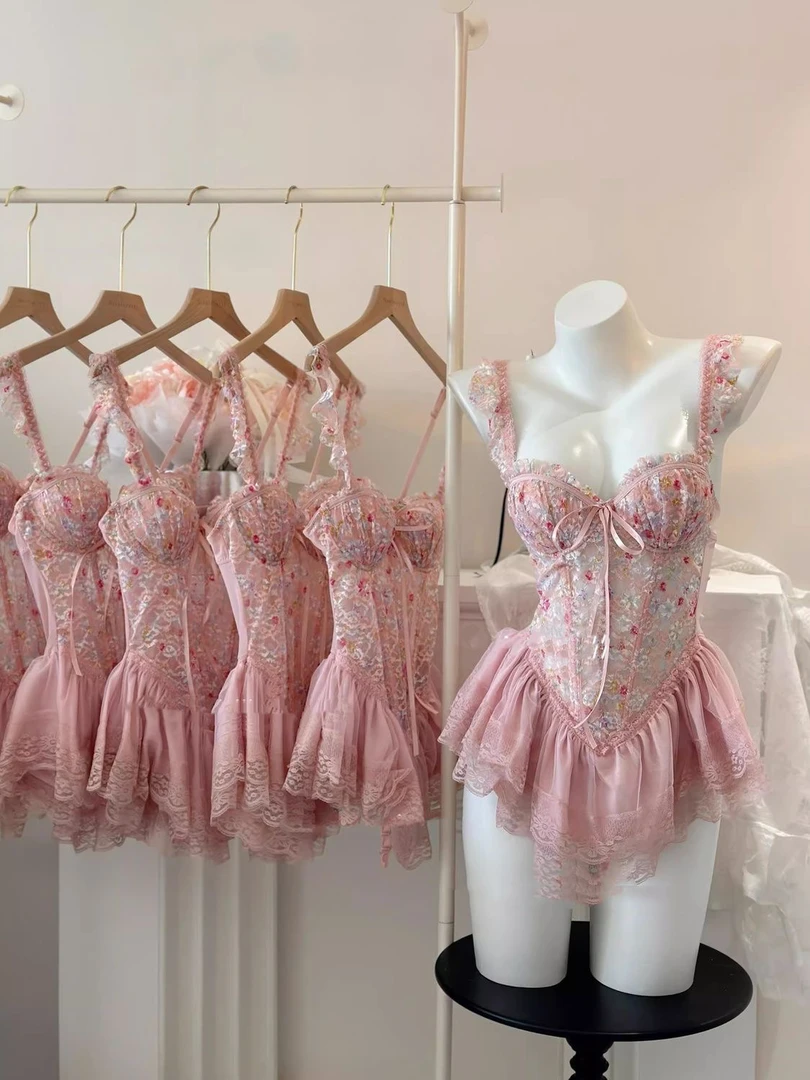 【甜心芭比】碎花印染甜美鱼骨胸衣带胸垫显瘦聚拢性感睡衣小心机