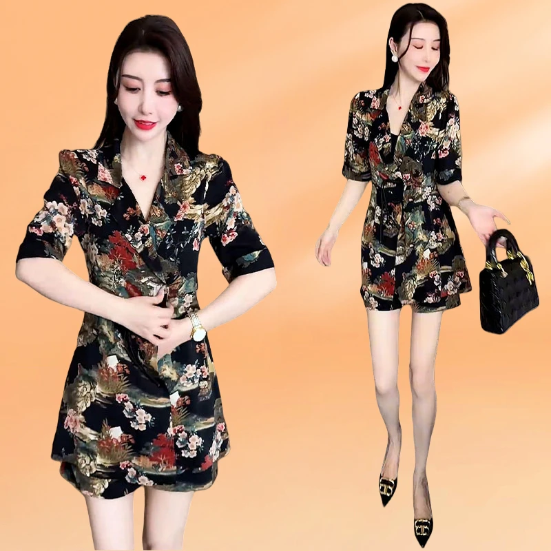 中国风时尚印花套装女2024年夏季新款气质减龄遮肚显瘦短裤两件套