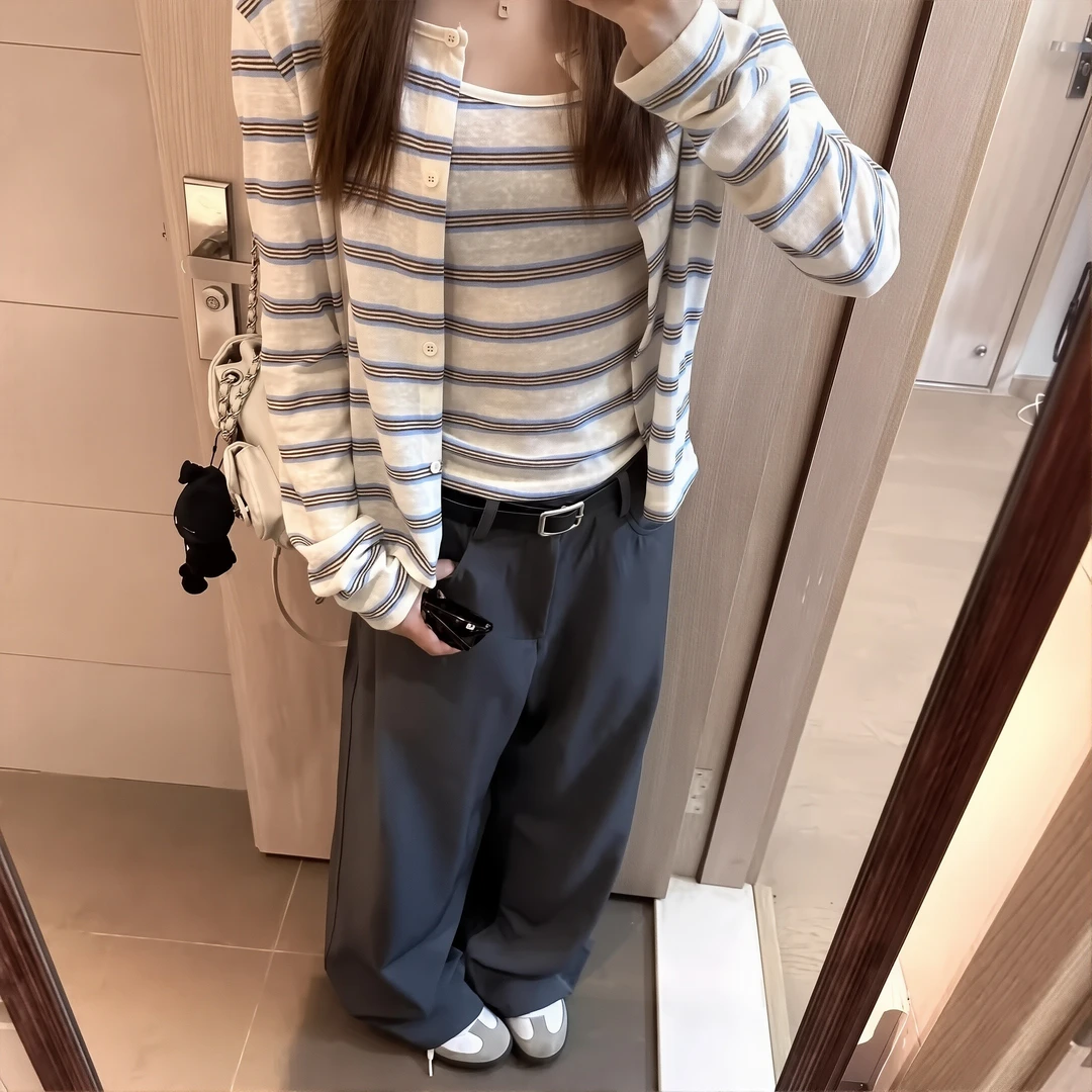 韩系条纹针织开衫女短款配吊带背心两件套早秋设计感毛衣外套上衣