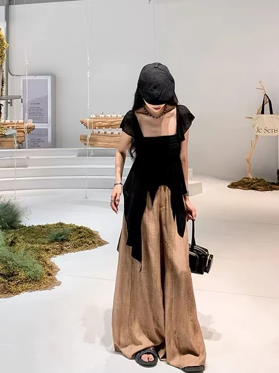 气质方领不规则上衣阔腿裤两件套夏季新款时尚显瘦套装