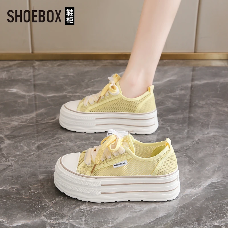 SHOEBOX鞋柜厚底网面板鞋女2025夏新款百搭增高透气休闲小白鞋