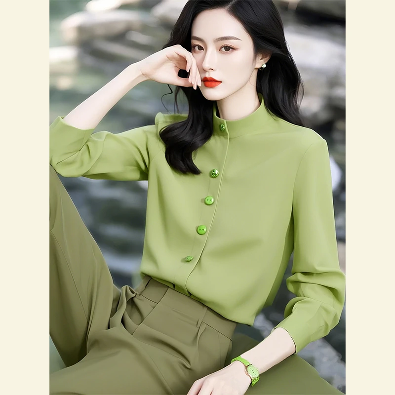 早春法式独特漂亮小众轻奢洋气冷淡系高级感时尚百搭通勤绿色衬衫