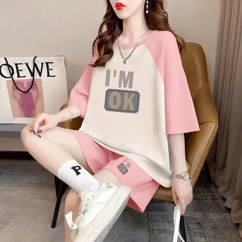 外贸夏装搭配一整套欧洲韩系休闲套装女夏大码宽松短袖短裤两件套