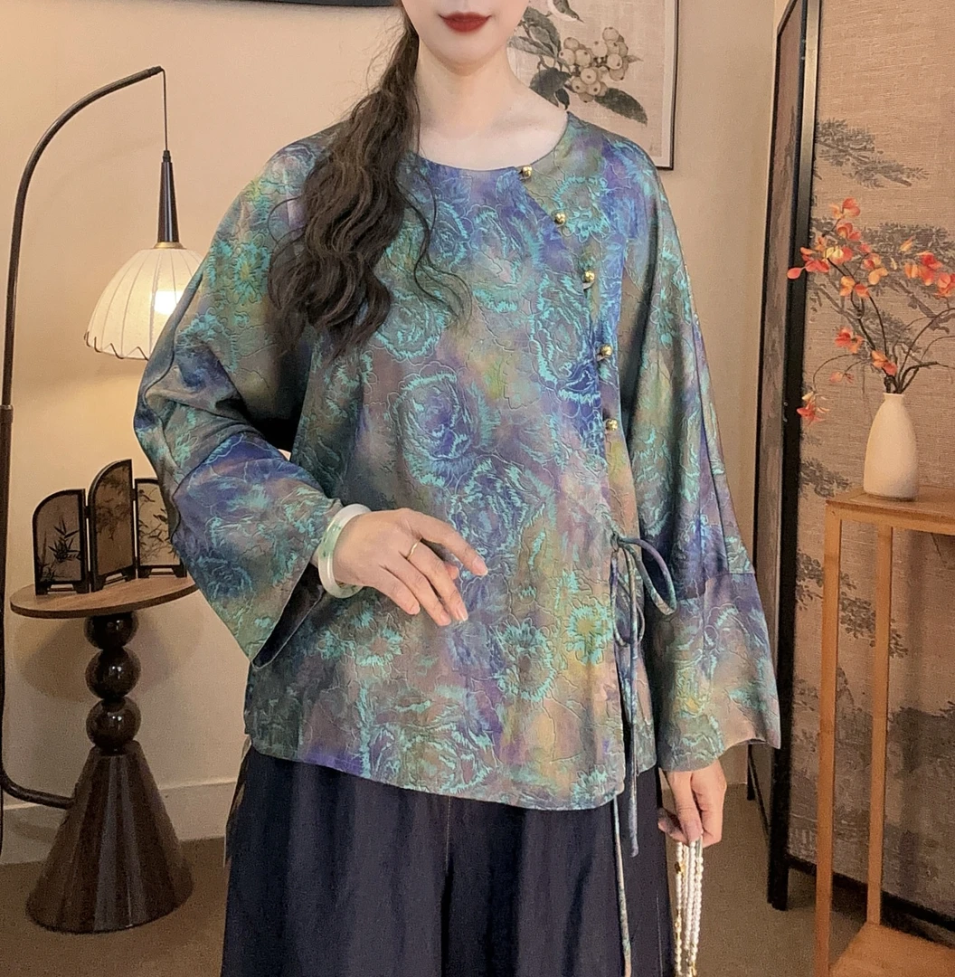 【锦瑟】新款斜襟时尚百搭长袖复古秋季中长款唐装上衣薄款提花061