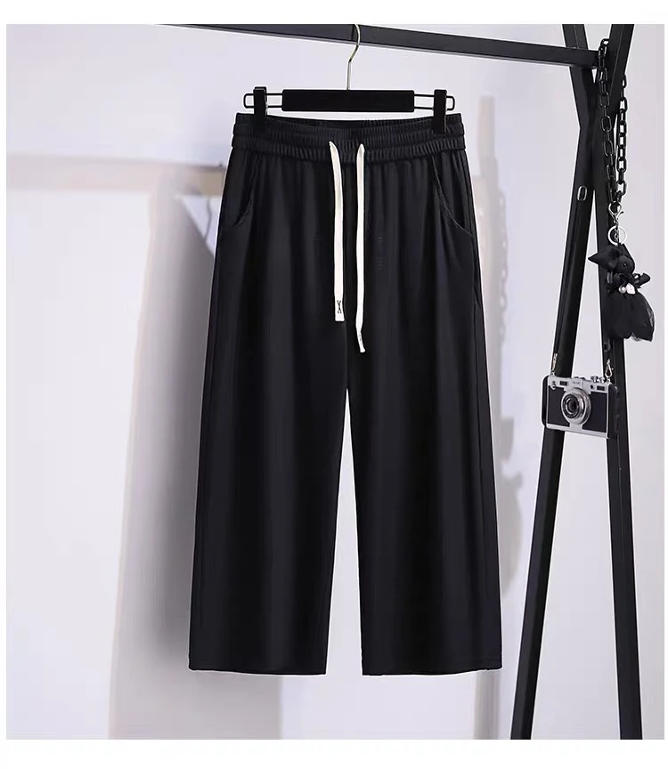 大码夏季冰丝松紧腰七分阔腿女裤宽松显瘦休闲风