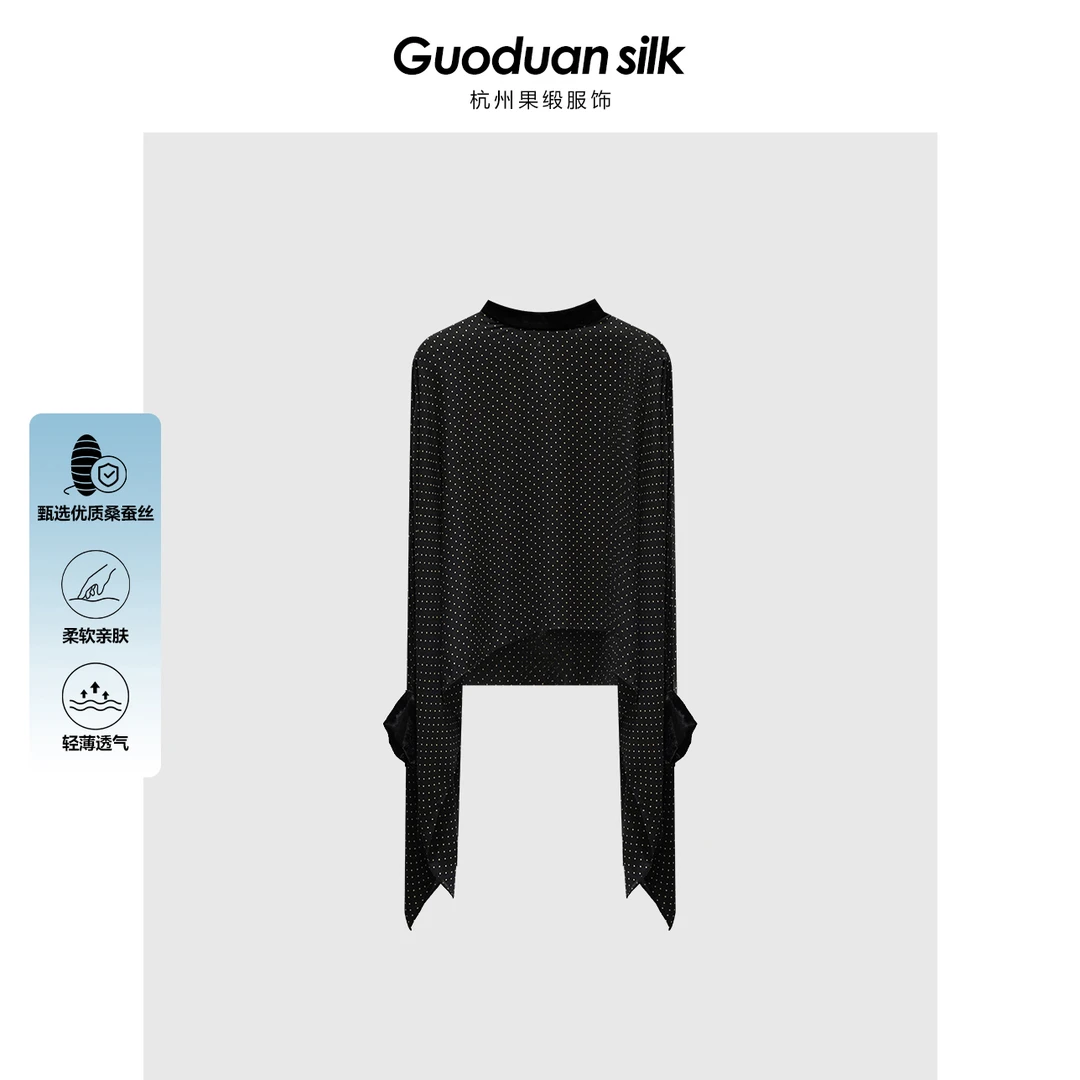 新款桑蚕丝双乔绉小波点拼丝绒小立领套衫上衣衬衣 MJJ7-1602