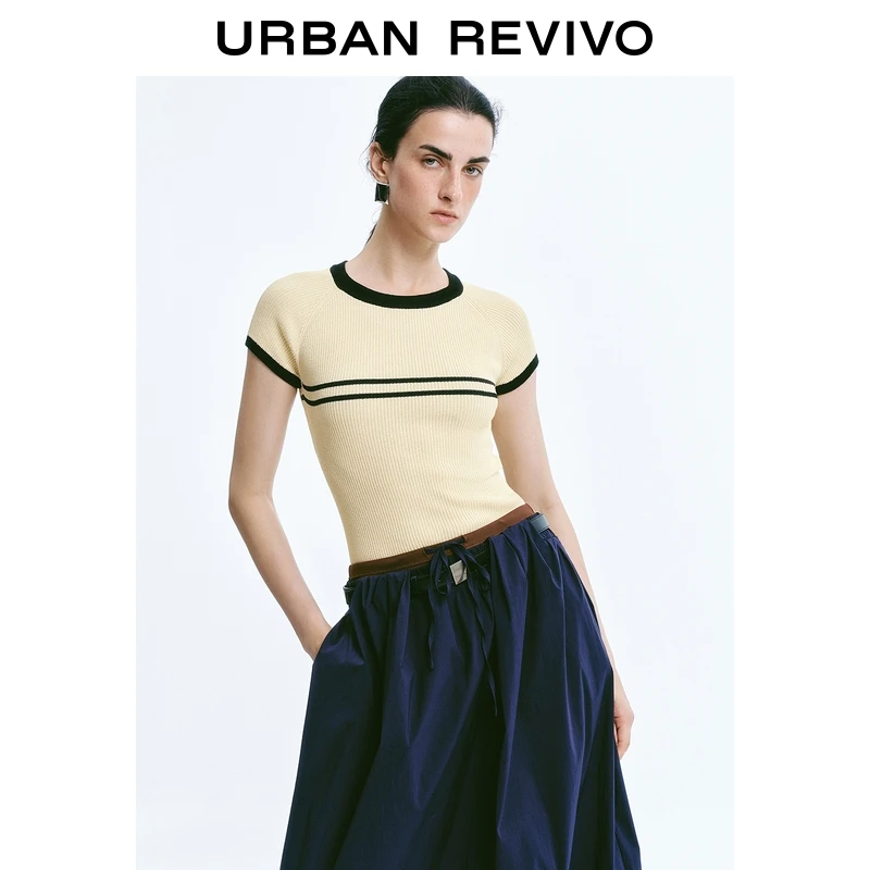 UR2025夏季新款女装休闲简约撞色条纹短袖针织衫UWM950045