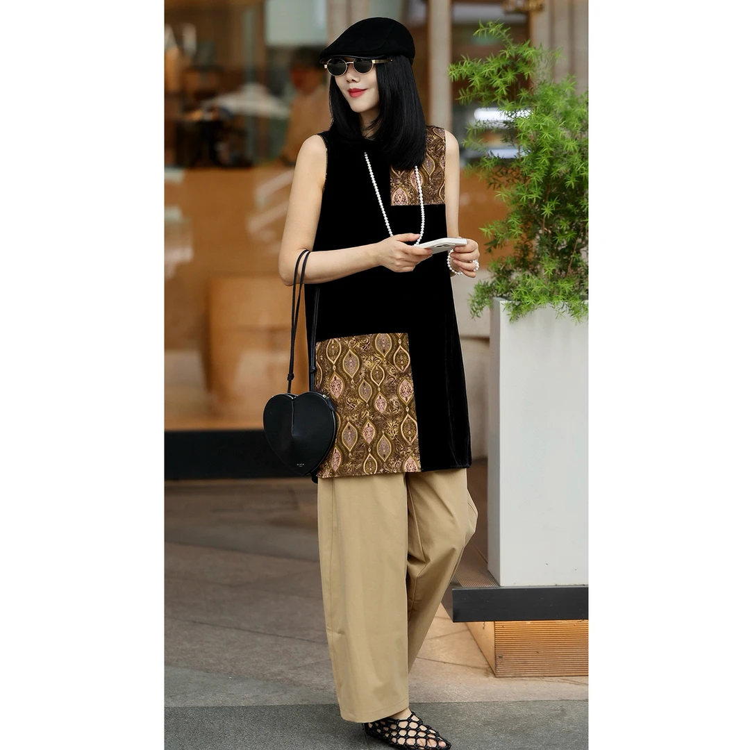 中长款连衣裙高级感真丝绒拼接香云纱宽松遮肚子圆领直筒背心裙子