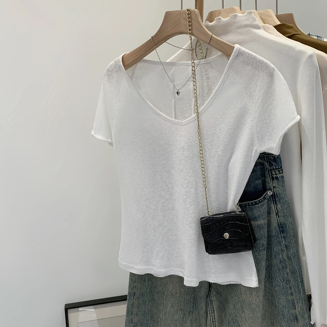 【部分现】纯色V领短袖T恤白色短袖女款百搭显瘦韩版拼接上衣250398