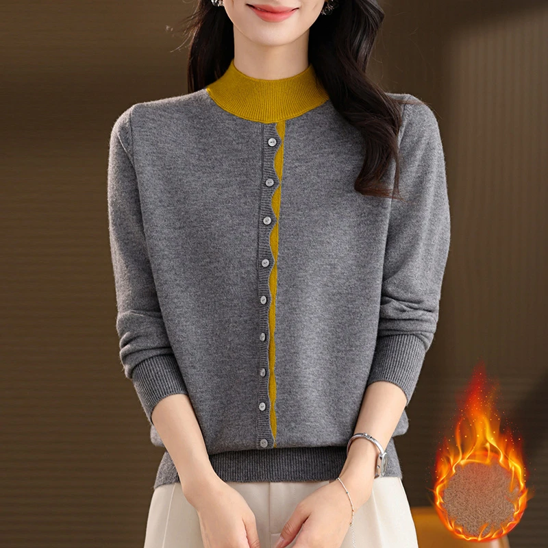 撞色领加绒加厚毛衣女秋冬2026新款洋气妈妈冬季一体绒针织打底衫