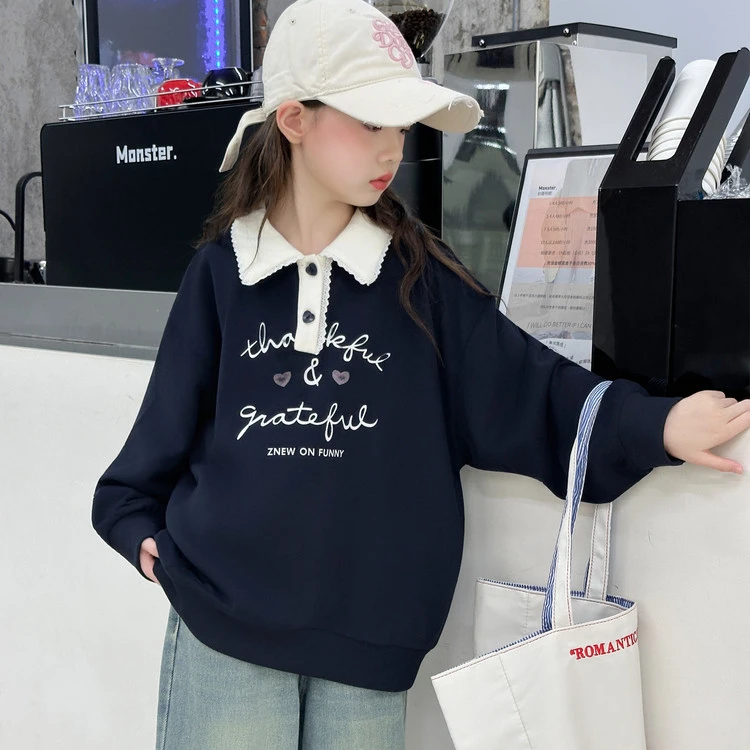 女童春秋季拼色长袖卫衣2025新款大童上衣女孩休闲Polo领打底衫潮