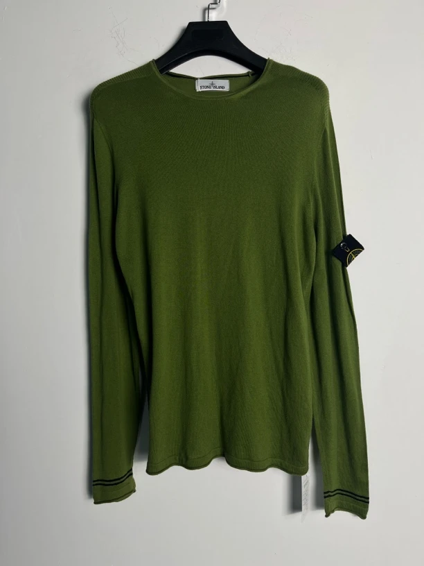 未使用 STONE ISLAND XL/草绿色徽标袖口线条圆领针织衫/05726