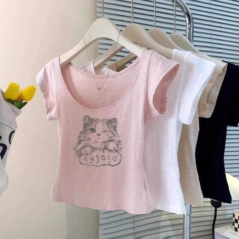 甜酷少女谁不爱！韩系甜妹小猫印花短袖t恤女夏季薄款正肩U领上衣