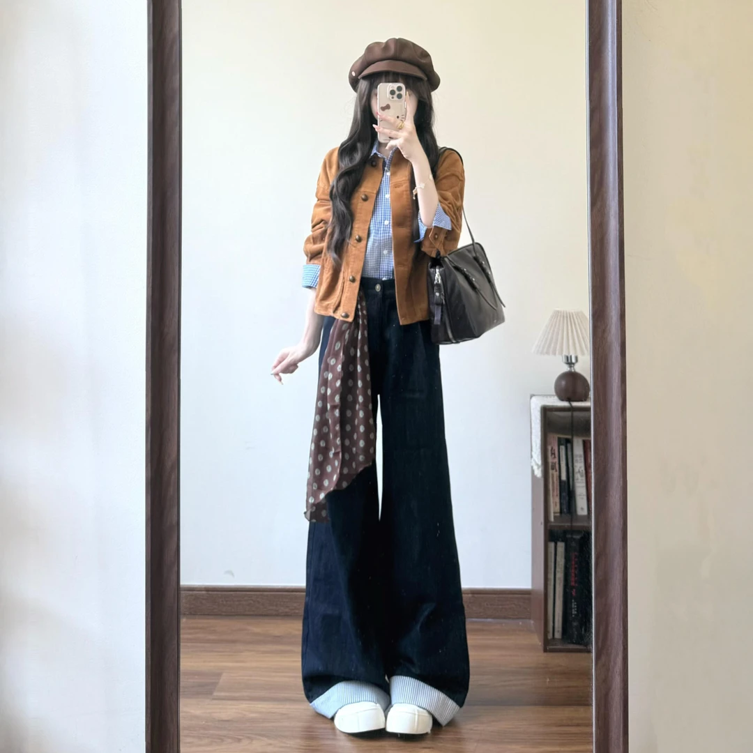 入秋搭配一整套复古灯芯绒夹克外套叠穿格子衬衫牛仔阔腿裤三件套