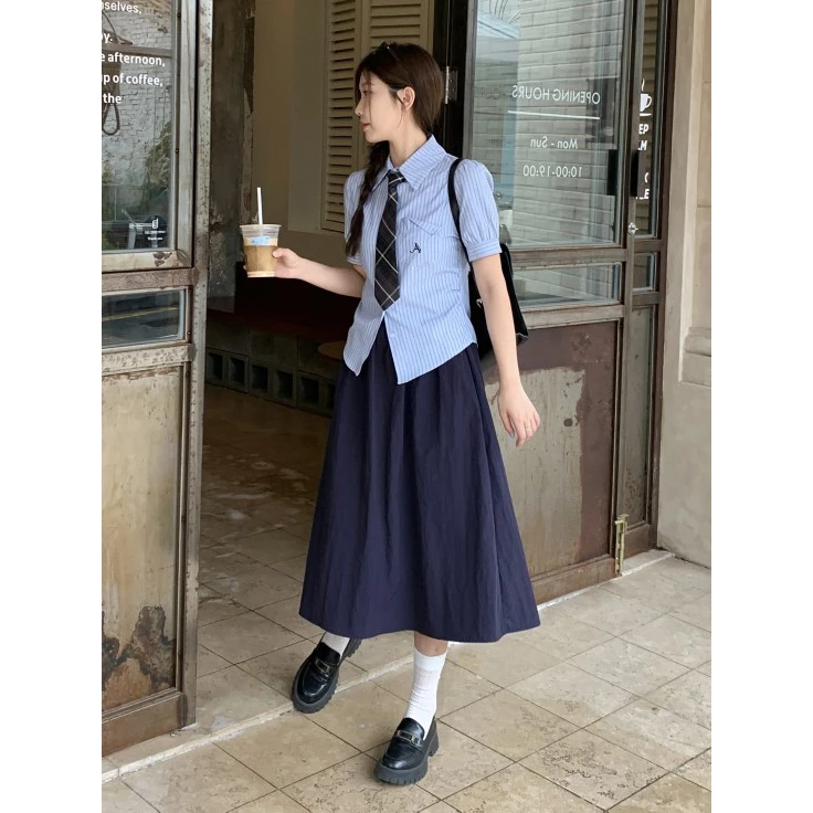 藏青色半身裙女中长款夏季2025新款A字裙宽松显瘦伞裙高腰a字裙