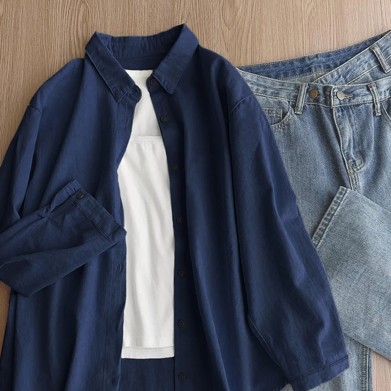 港风复古纯色长袖棉麻衬衫女秋季宽松慵懒风休闲百搭亚麻翻领衬衣