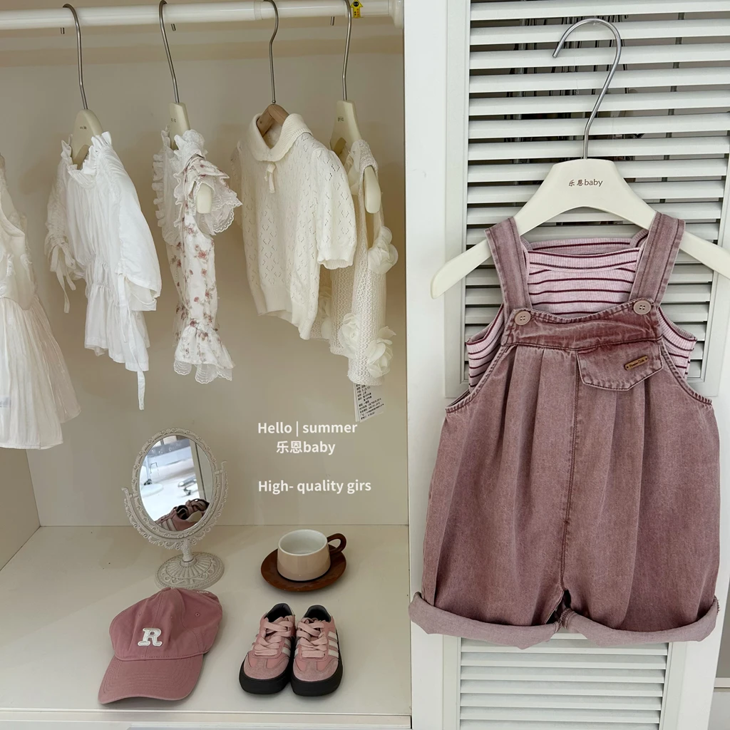 现【乐恩baby】女童夏季时髦条纹吊带+粉色背带裤洋气儿童宝宝套装