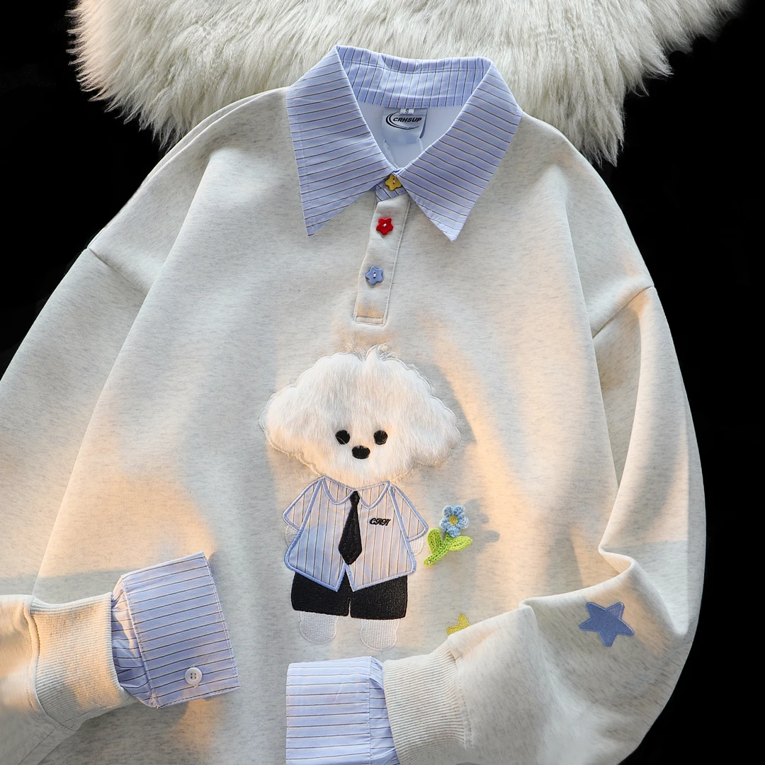 POLO领假两件可爱小狗刺绣卫衣女男秋冬韩系格子拼接情侣长袖上衣