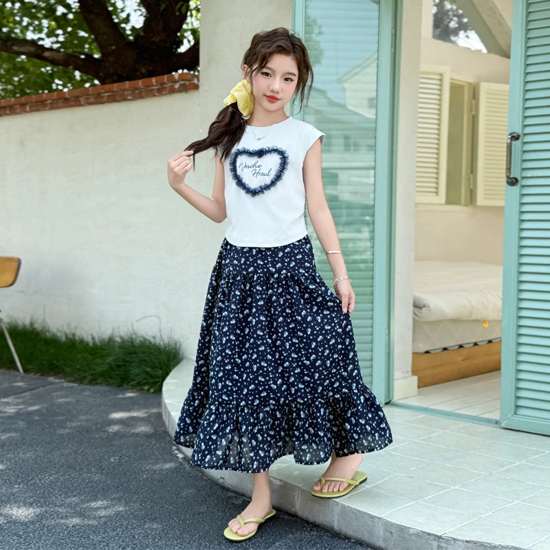 女童套装洋气时尚爱心上衣碎花裙两件套夏季炸街显瘦休闲百搭潮