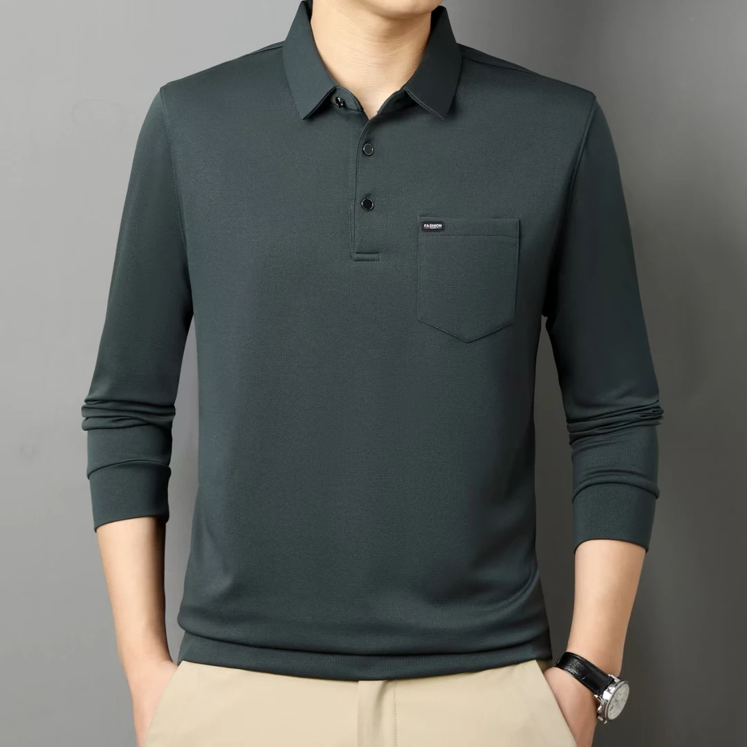 3966男式春秋季带口袋平面纯色翻领长袖POLO衫